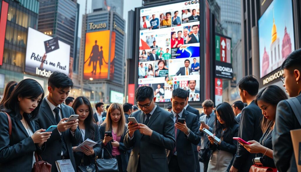 A bustling urban scene depicting the impact of social media on political news and democracy in Indonesia. In the foreground, a diverse group of people, including young adults and professionals in smart business attire, are engaged with smartphones and digital devices, sharing news articles and social media posts. The middle layer shows a large digital billboard displaying vibrant social media feeds, merging visuals of political campaigns and public reactions. In the background, iconic Indonesian landmarks can be faintly seen, symbolizing the connection between local culture and modern digital communication. The lighting is bright and dynamic, evoking a sense of urgency and engagement. The atmosphere is lively and thoughtful, illustrating the intersection of technology, politics, and public discourse.