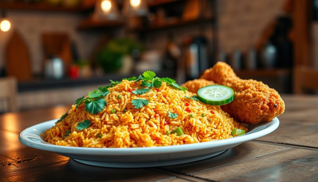 A delicious plate of nasi goreng, vibrant with colors of orange and green, garnished with fresh cilantro and slices of cucumber, served alongside crispy golden fried chicken. The dish is steaming, placed on a rustic wooden table. In the background, a blurred kitchen setting with warm ambient lighting creates a cozy atmosphere. Add subtle reflections on the table surface to enhance the realism. The composition is captured from a slightly elevated angle, emphasizing the texture of the fried rice and the crunchiness of the chicken. The overall mood is inviting and appetizing, perfectly illustrating Indonesia's popular cuisine. No text or watermarks in the image.