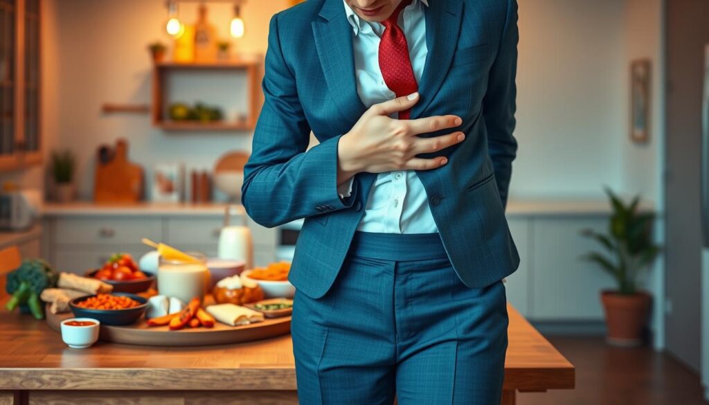 A detailed illustration for the section "Common Causes of Lower Abdominal Pain". In the foreground, depict a human figure in professional business attire, gently holding their lower abdomen with a concerned expression, symbolizing discomfort. In the middle ground, visualize an array of foods known to cause digestive issues, such as spicy dishes, dairy products, and fatty foods artistically displayed on a wooden table. In the background, incorporate a comforting kitchen setting with soft, warm lighting to create a soothing atmosphere. Use a shallow depth of field to focus on the figure and the food items, while softly blurring the background. The overall mood should be informative yet empathetic, emphasizing the complexity of abdominal pain causes.