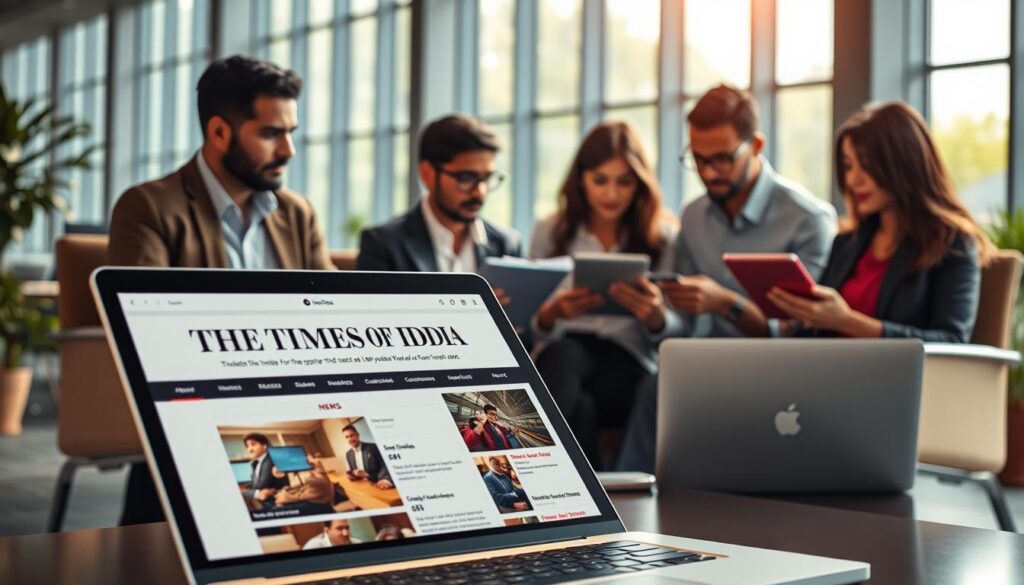 A digitally rendered scene showing a professional workspace where a diverse group of three individuals, dressed in smart casual attire, is engaged in accessing news on their laptops and tablets. In the foreground, a close-up of a laptop screen displaying The Times of India website, highlighting its vibrant news content. In the middle ground, the three individuals are strategically positioned, sharing insights while viewing the news. The background features a modern office setting with large windows, allowing natural light to flood the space, casting soft shadows. The atmosphere feels collaborative and focused, reflecting the global access to news from Indonesia. The overall color palette is warm and inviting, invoking a sense of a productive day at work.