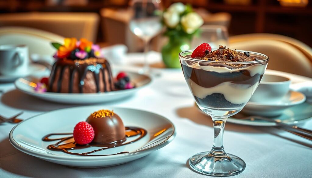 A luxurious display of premium Bandung dessert, featuring a beautifully arranged plate with rich chocolate mousse, garnished with edible flowers and fresh berries. The mousse is drizzled with a glossy chocolate sauce, and a delicate sprinkle of gold leaf adds sophistication. In the foreground, a crystal-clear dessert glass holds a vibrant layers of chocolate and vanilla parfait, showcasing the textures. The middle ground features an elegant table setting with fine china and soft pastel table linens, creating an inviting atmosphere. The background is softly lit with warm, inviting light, casting gentle shadows. The mood is indulgent and serene, perfect for a high-end dining experience. Capture the scene from a slightly elevated angle to emphasize the elegance of the desserts and their appealing presentation.