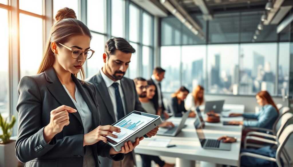 A modern office environment filled with diverse professionals analyzing charts and business strategies. In the foreground, a focused woman in business attire is pointing at a digital tablet displaying graphs, her expression thoughtful and determined. Beside her, a man in a suit is taking notes. In the middle ground, a collaborative group is gathered around a large table with laptops, brainstorming ideas and discussing opportunities, showcasing teamwork and innovation. The background features a panoramic window revealing a bustling city skyline, illuminated by soft, natural light, creating a dynamic atmosphere of progress and potential. The image should capture a sense of ambition and strategic thinking, emphasizing the contemporary business landscape. A modern office environment filled with diverse professionals analyzing charts and business strategies. In the foreground, a focused woman in business attire is pointing at a digital tablet displaying graphs, her expression thoughtful and determined. Beside her, a man in a suit is taking notes. In the middle ground, a collaborative group is gathered around a large table with laptops, brainstorming ideas and discussing opportunities, showcasing teamwork and innovation. The background features a panoramic window revealing a bustling city skyline, illuminated by soft, natural light, creating a dynamic atmosphere of progress and potential. The image should capture a sense of ambition and strategic thinking, emphasizing the contemporary business landscape.