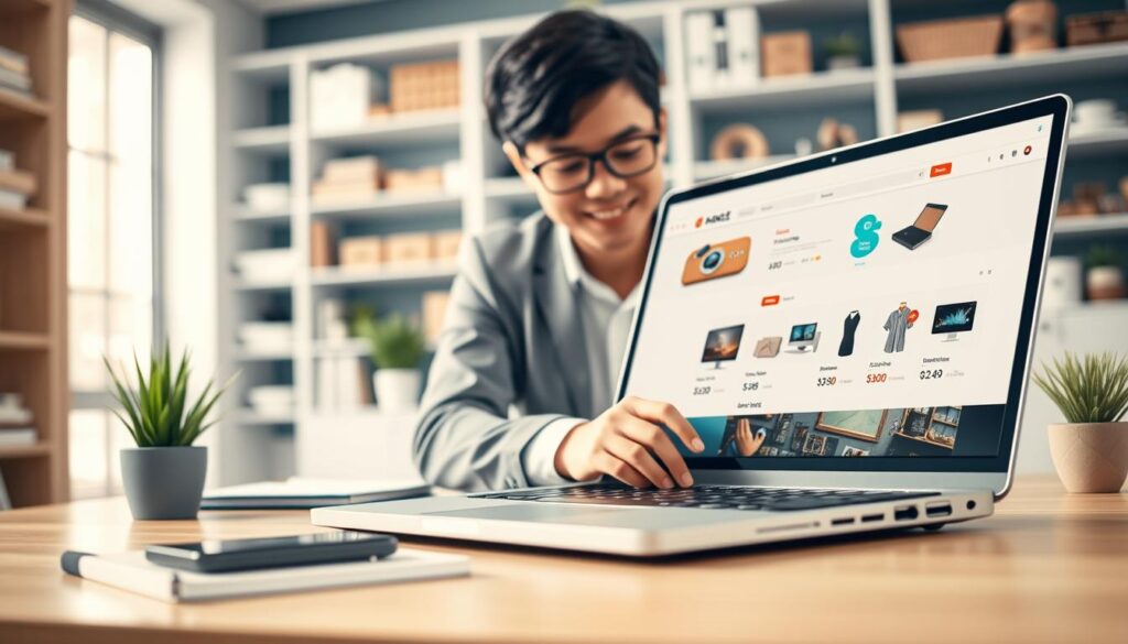 A modern online sales platform scene, showcasing a vibrant laptop with an open e-commerce website displaying various products like clothing, electronics, and home goods. In the foreground, a confident young entrepreneur of Asian descent, dressed in professional business attire, engages with the laptop, taking notes and analyzing the website. The middle ground features a clean, organized workspace with a notepad, smartphone, and a small plant to add warmth. The background includes blurred shelves filled with products, suggesting an inviting online store atmosphere. Soft, natural lighting filters through a nearby window, creating an inspiring and focused mood, captured with a slight angle to emphasize the workspace's depth and creativity. A modern online sales platform scene, showcasing a vibrant laptop with an open e-commerce website displaying various products like clothing, electronics, and home goods. In the foreground, a confident young entrepreneur of Asian descent, dressed in professional business attire, engages with the laptop, taking notes and analyzing the website. The middle ground features a clean, organized workspace with a notepad, smartphone, and a small plant to add warmth. The background includes blurred shelves filled with products, suggesting an inviting online store atmosphere. Soft, natural lighting filters through a nearby window, creating an inspiring and focused mood, captured with a slight angle to emphasize the workspace's depth and creativity.