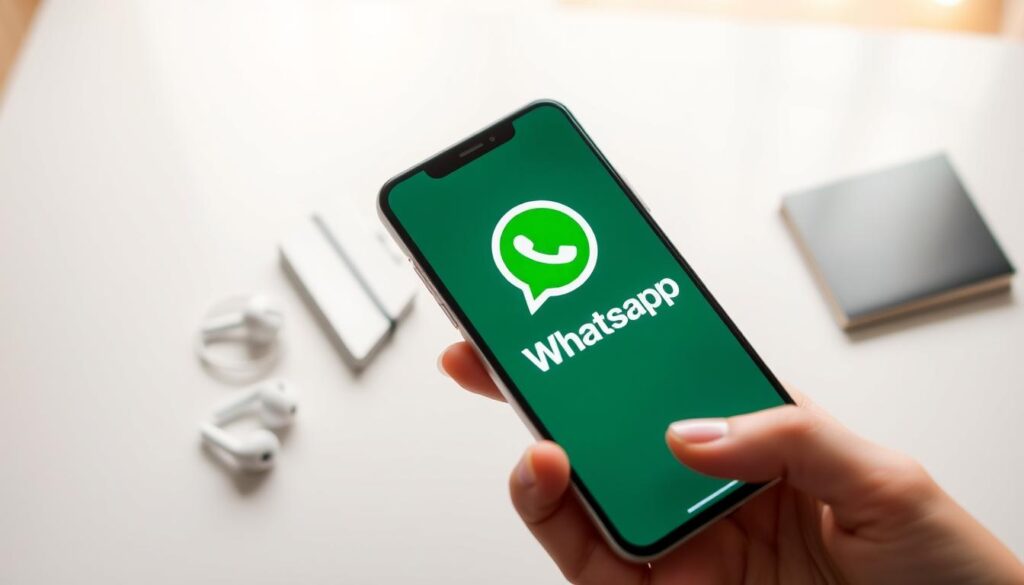 A modern smartphone displaying the official WhatsApp application on its screen, clearly showcasing the green and white logo. The foreground features a hand gently holding the smartphone, reflecting a professional look with well-groomed nails. In the middle ground, a clean white table holds subtle tech accessories like earbuds and a notepad, emphasizing a tech-savvy environment. The background features a soft-focus workspace with warm lighting, conveying a sense of security and professionalism. The atmosphere is calm and inviting, suggesting the importance of using the latest official app for protection. The image composition is balanced, providing a clear view of the WhatsApp interface without any distractions or text overlays.