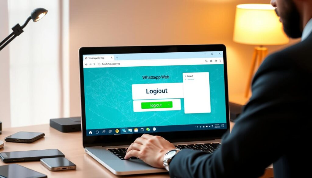 A modern workspace featuring a sleek laptop displaying the WhatsApp Web interface, with a prominent logout button highlighted on the screen. In the foreground, a professional-looking individual in smart casual attire is using the laptop, focusing intently on the screen. Surrounding the workspace are several visible devices, such as a smartphone and tablet, symbolizing connected devices. The background includes soft lighting from a desk lamp, casting a warm glow over the scene. The overall atmosphere is one of security and professionalism, emphasizing the importance of account protection. The image should be clear and well-composed, showcasing the logout process in a relatable setting.