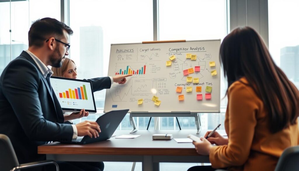 A professional meeting scene in a modern office setting. In the foreground, a diverse group of three business professionals, a man and two women, dressed in smart attire, engage in a dynamic discussion. One points at a colorful graph showcasing audience analytics on a laptop screen, while the others take notes. In the middle ground, a large whiteboard filled with charts and competitor analysis stands prominently, surrounded by sticky notes and brainstorming ideas. The background features a bright window with skyline views, illuminating the room with natural light, creating an inspiring and motivated atmosphere. The overall mood is focused and collaborative, reflecting the theme of understanding target audiences and competitors in business. A professional meeting scene in a modern office setting. In the foreground, a diverse group of three business professionals, a man and two women, dressed in smart attire, engage in a dynamic discussion. One points at a colorful graph showcasing audience analytics on a laptop screen, while the others take notes. In the middle ground, a large whiteboard filled with charts and competitor analysis stands prominently, surrounded by sticky notes and brainstorming ideas. The background features a bright window with skyline views, illuminating the room with natural light, creating an inspiring and motivated atmosphere. The overall mood is focused and collaborative, reflecting the theme of understanding target audiences and competitors in business.