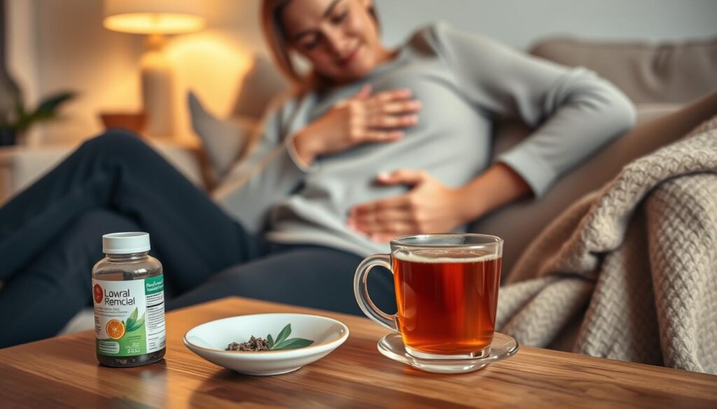 A soothing scene depicting a serene living room where a person is comfortably seated on a soft couch, holding their abdomen with a gentle expression of relief. In the foreground, there is a warm cup of herbal tea on a wooden table, accompanied by a bottle of over-the-counter pain relief, emphasizing natural remedies. In the middle ground, a cozy blanket is draped over the armrest, suggesting comfort. The background features soft, warm lighting from a nearby lamp, casting a calming glow that enhances the relaxed atmosphere. The color palette consists of soft earth tones to create a peaceful and healing environment. The overall mood should convey a sense of comfort and self-care in addressing lower abdominal pain.