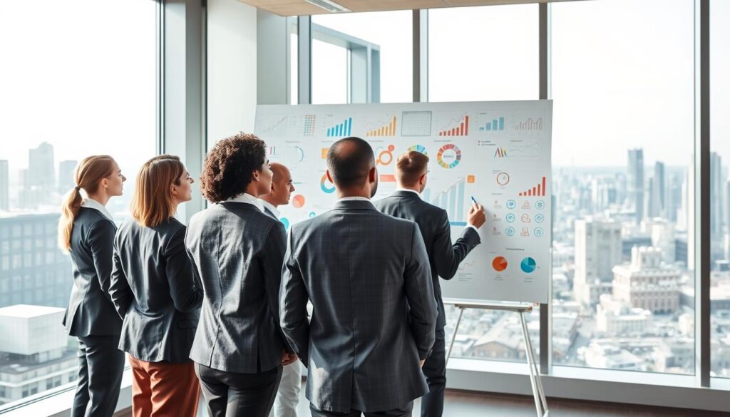 A vibrant image depicting the essential characteristics of potential business opportunities. In the foreground, a diverse group of professionals dressed in smart business attire are engaged in a brainstorming session, showcasing collaboration. The middle ground features a large whiteboard filled with colorful charts, graphs, and diagrams illustrating innovative ideas and market trends. In the background, a modern office environment is visible through large windows, offering a panoramic view of a bustling city skyline, symbolizing growth and opportunity. Natural light streams in, creating a bright and motivating atmosphere. The composition should evoke a sense of optimism, creativity, and determination, with a focus on teamwork and strategic thinking in a contemporary setting. A vibrant image depicting the essential characteristics of potential business opportunities. In the foreground, a diverse group of professionals dressed in smart business attire are engaged in a brainstorming session, showcasing collaboration. The middle ground features a large whiteboard filled with colorful charts, graphs, and diagrams illustrating innovative ideas and market trends. In the background, a modern office environment is visible through large windows, offering a panoramic view of a bustling city skyline, symbolizing growth and opportunity. Natural light streams in, creating a bright and motivating atmosphere. The composition should evoke a sense of optimism, creativity, and determination, with a focus on teamwork and strategic thinking in a contemporary setting.