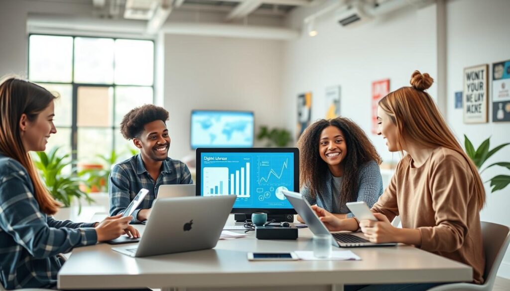 A vibrant scene showcasing young adults engaged in digital literacy activities. In the foreground, a diverse group of three young people sits around a modern table with laptops and tablets, actively discussing concepts of digital ethics and responsible technology use. In the middle ground, a digital screen displays graphs and icons representing technology trends, symbolizing the knowledge being shared. The background features a bright, airy co-working space with greenery, large windows letting in natural light, and motivational posters on the walls. Use soft, natural lighting to create a welcoming atmosphere, focusing on a slightly elevated angle that captures both the engagement of the group and the environment around them. The overall mood should be optimistic and forward-looking, reflecting a future-oriented mindset.